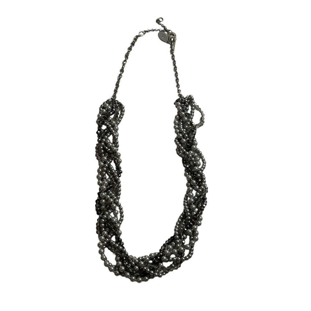 Loft Multi-Strand Gunmetal‎ Tone Necklace Simulated Pearls Rhinestones